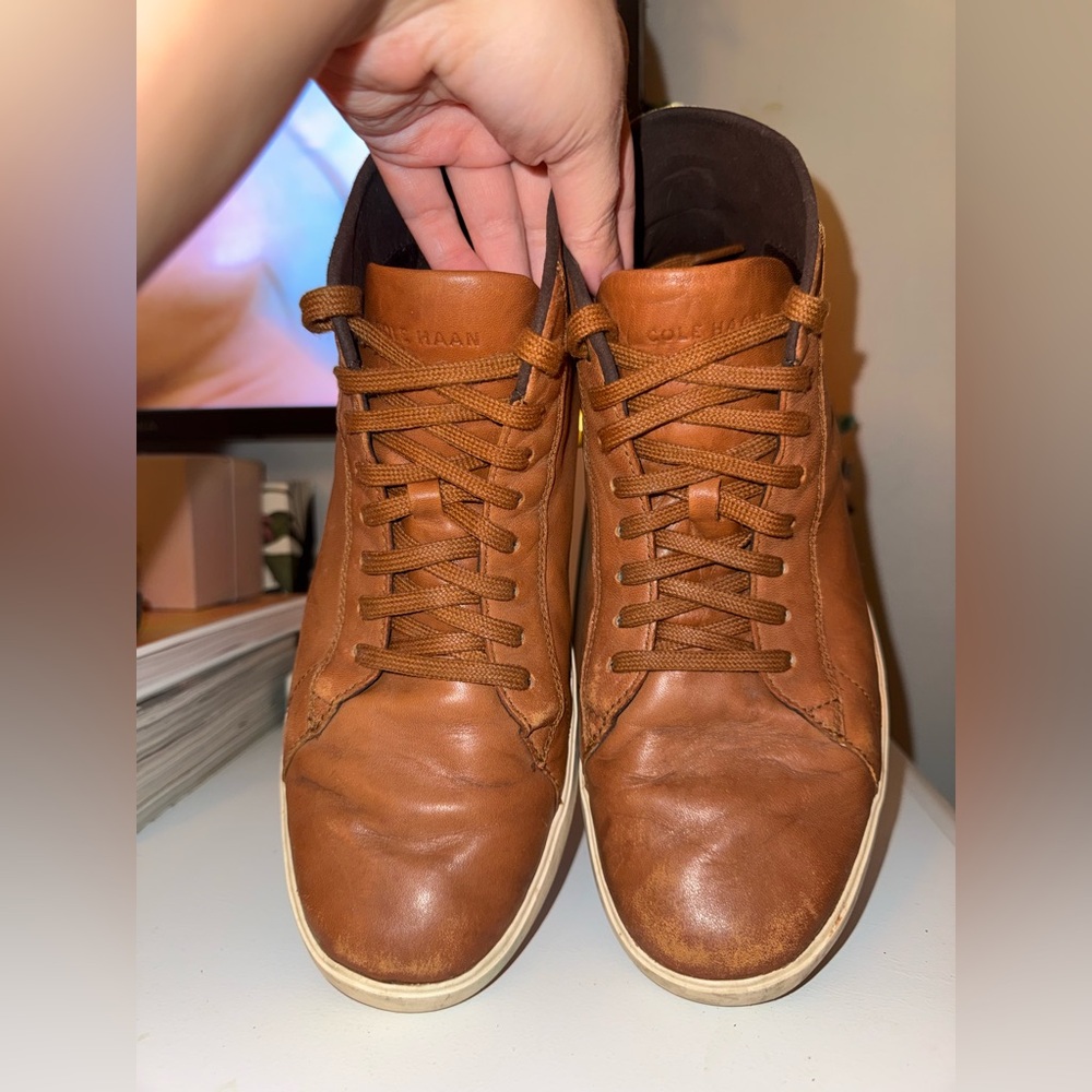 Cole Haan Men's Grand Crosscourt II High Top Sneakers Tan Leather Burnish, Sz 9